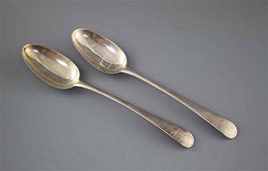 A pair of Georgian silver Old English pattern base marked tablespoons, maker W.T, circa 1770, 23cm, 4oz,